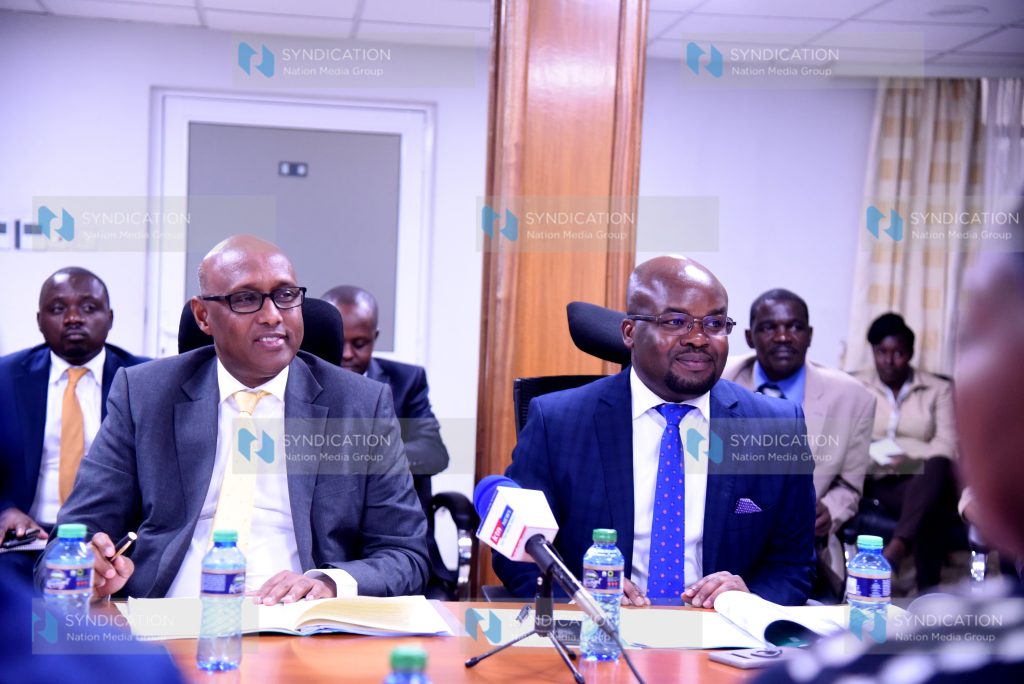 Cabinet Secretary of the East African Community and Regional Development Adan Mohamed flanked by Lake Basin Authority MD Raymond Omollo