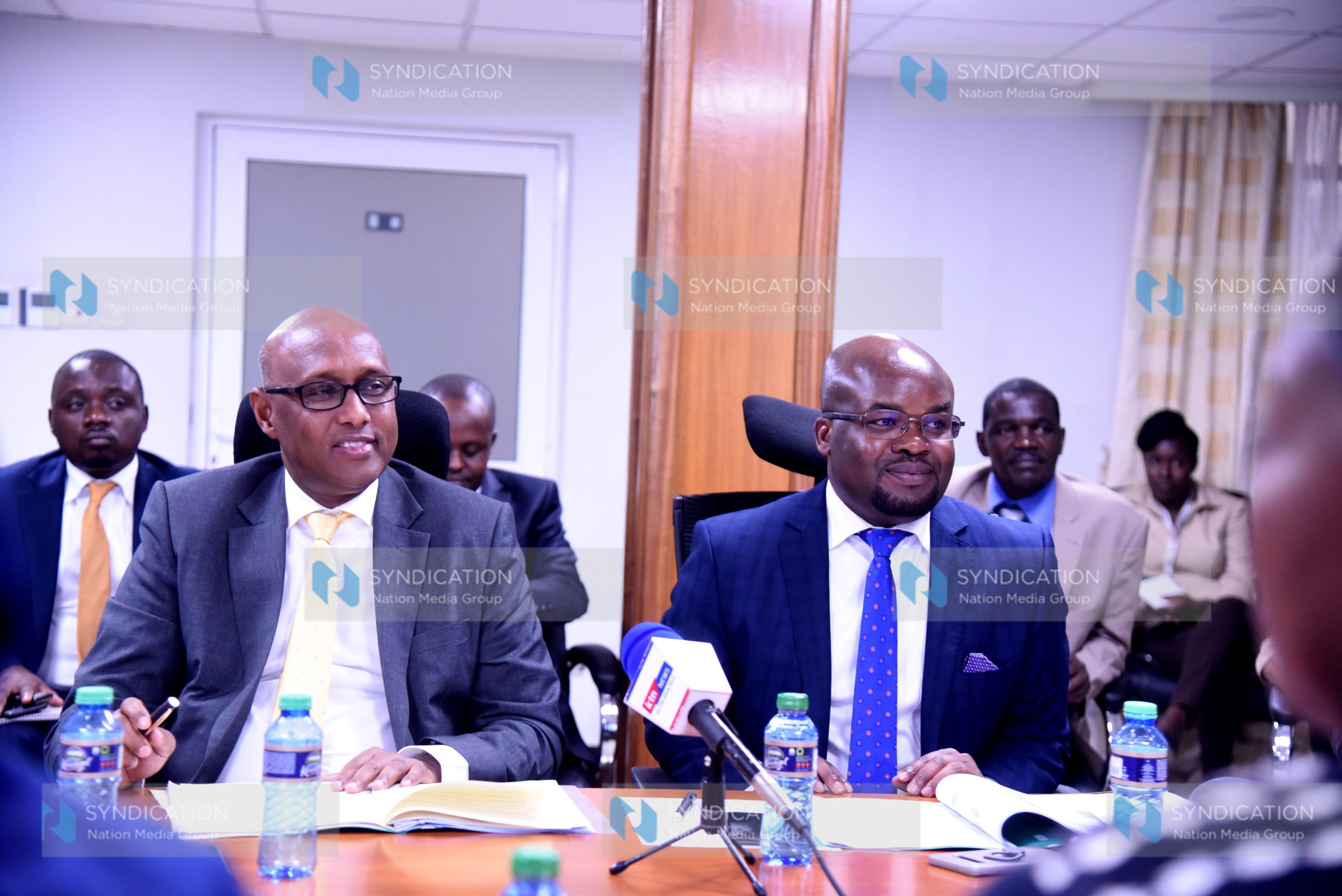 Cabinet Secretary of the East African Community and Regional Development Adan Mohamed flanked by Lake Basin Authority MD Raymond Omollo