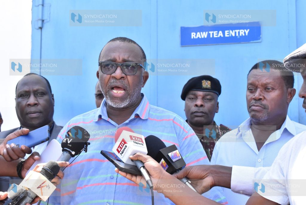 Agriculture Cabinet Secretary Mithika Linturi addresses the press during a visit at Gold Crown Beverages Limited