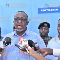 Agriculture Cabinet Secretary Mithika Linturi addresses the press during a visit at Gold Crown Beverages Limited
