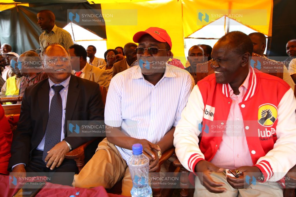 Meru Senator Kiraitu Murungi, Igembe South MP Mithika Linturi, and Meru University of Science and Technology VC Japhet Magambo