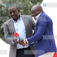 Igembe South MP Mithika Linturi is welcomed to the dais by Pastor Edwin Mugambi