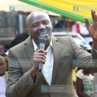 Murang'a senatorial candidate Joe Nyutu (UDA) speaks to wananchi