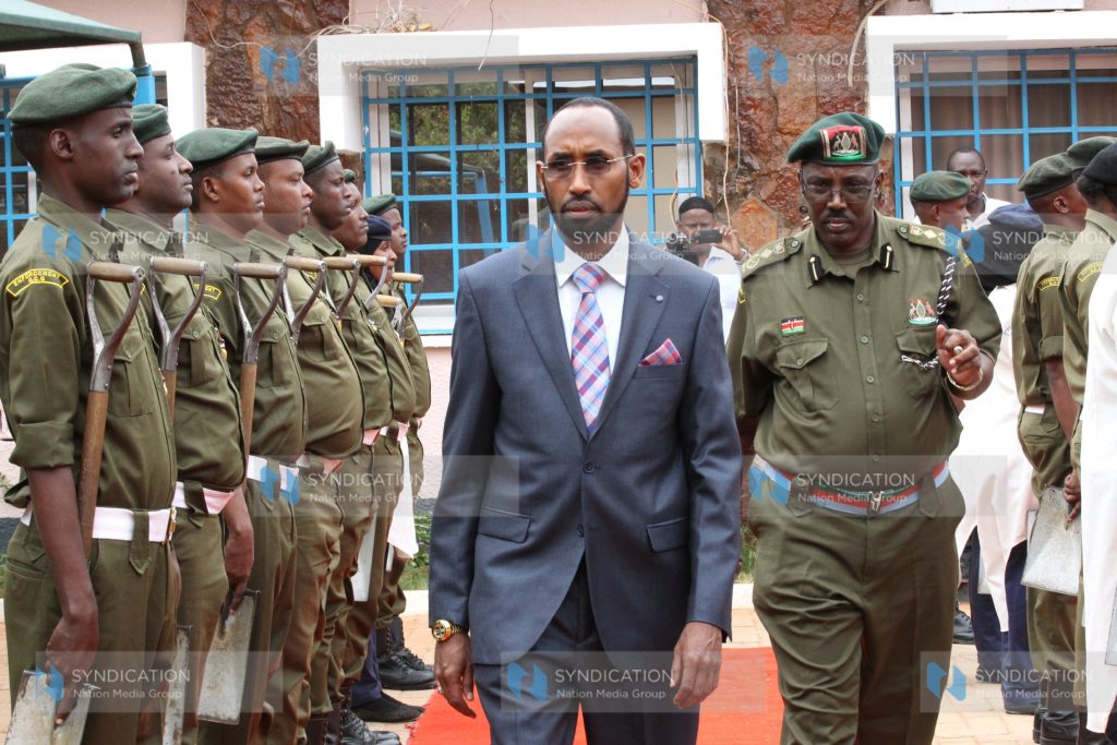 Mandera Governor Mohamed Adan Khalif inspects a guard of honor