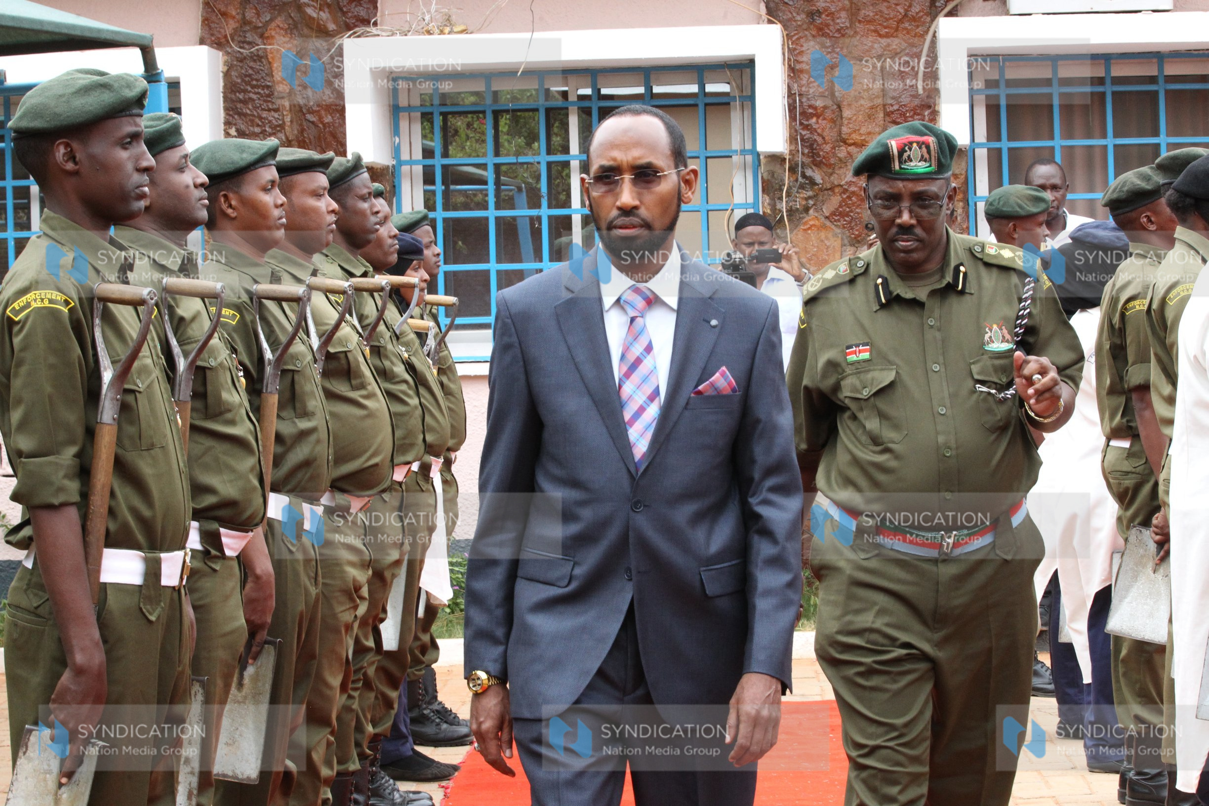 Mandera Governor Mohamed Adan Khalif inspects a guard of honor