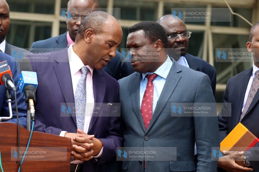 Nyandarua Governor Francis Kimemia with his Tharaka Nithi counterpart Muthomi Njuki