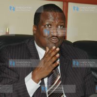 Labour minister addressing a press conference where he announced the new NSSF managing trustee Alex Kazongo