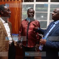 NACADA Chairman John Mututho chats with Embu Senator Lenny Kivuti and Kangema MP Tirus Ngahu
