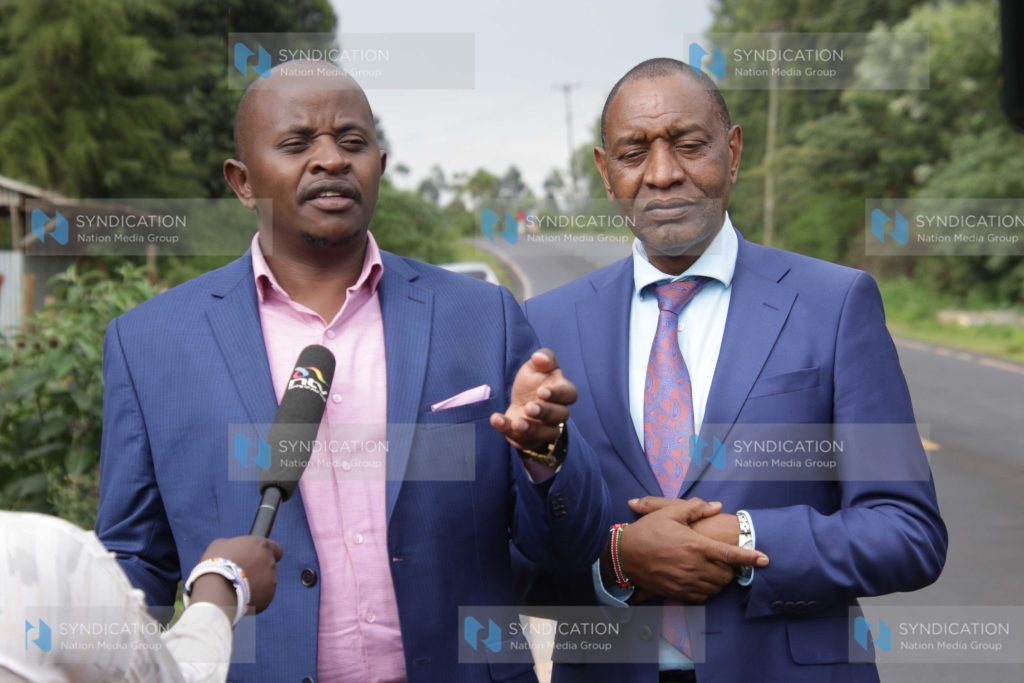 Mathira MP Eric Wamumbi, left, and Nyeri Senator Wahome Wamatinga during a press conference