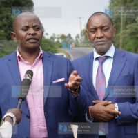 Mathira MP Eric Wamumbi, left, and Nyeri Senator Wahome Wamatinga during a press conference