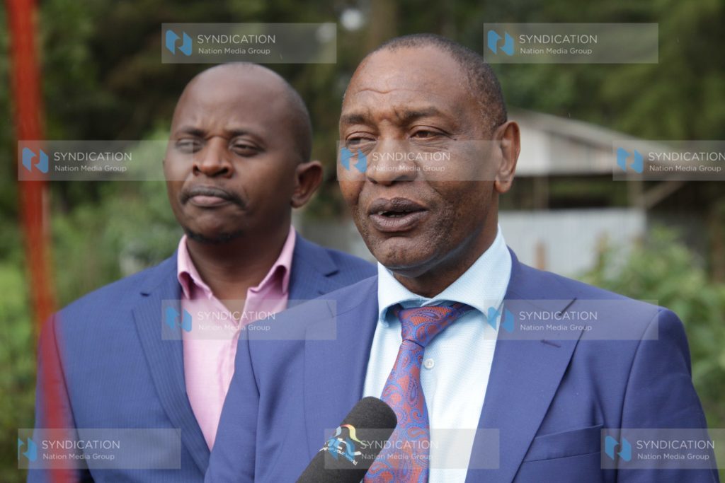 Nyeri Senator Wahome Wamatinga, right, and Mathira MP Eric Wamumbi during a press conference