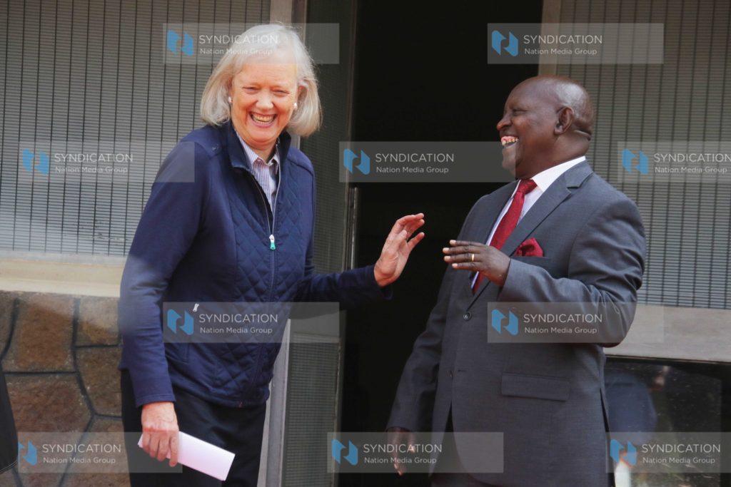 US Ambassador to Kenya, Meg Whitman, chats with Nyeri Governor Mutahi Kahiga moments after addressing journalists