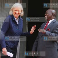US Ambassador to Kenya, Meg Whitman, chats with Nyeri Governor Mutahi Kahiga moments after addressing journalists