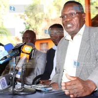 Kisii County Senator Chris Obure addressing the press at Orange House