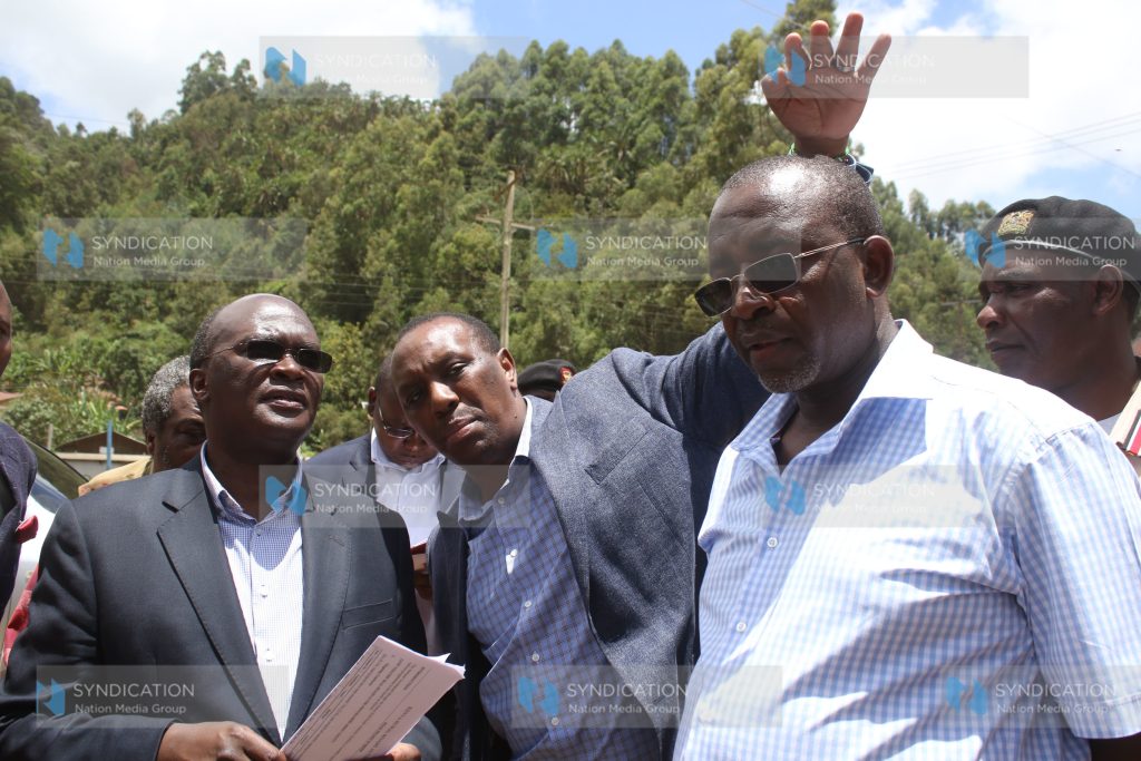 Roads CS James Macharia, Defence PS Kirimi Kaberia (second left), Igembe South MP Mithika Linturi, and Meru County Commissioner Wilfred Nyagwang'a