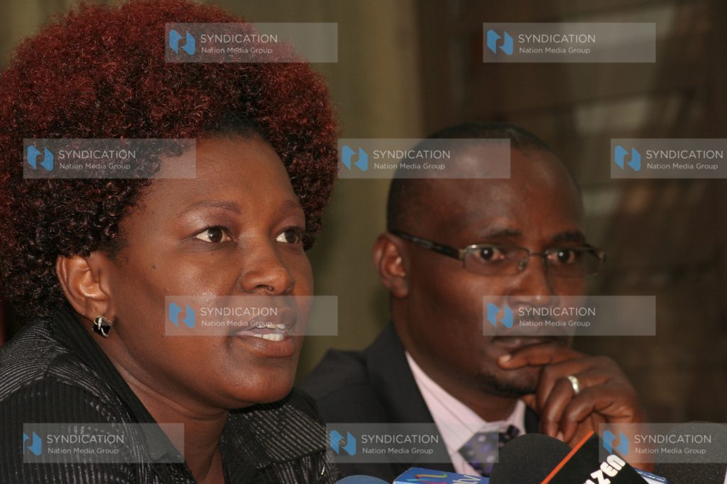 Nominated MP Rachel Shebesh flanked by Gwasi MP John Mbadi