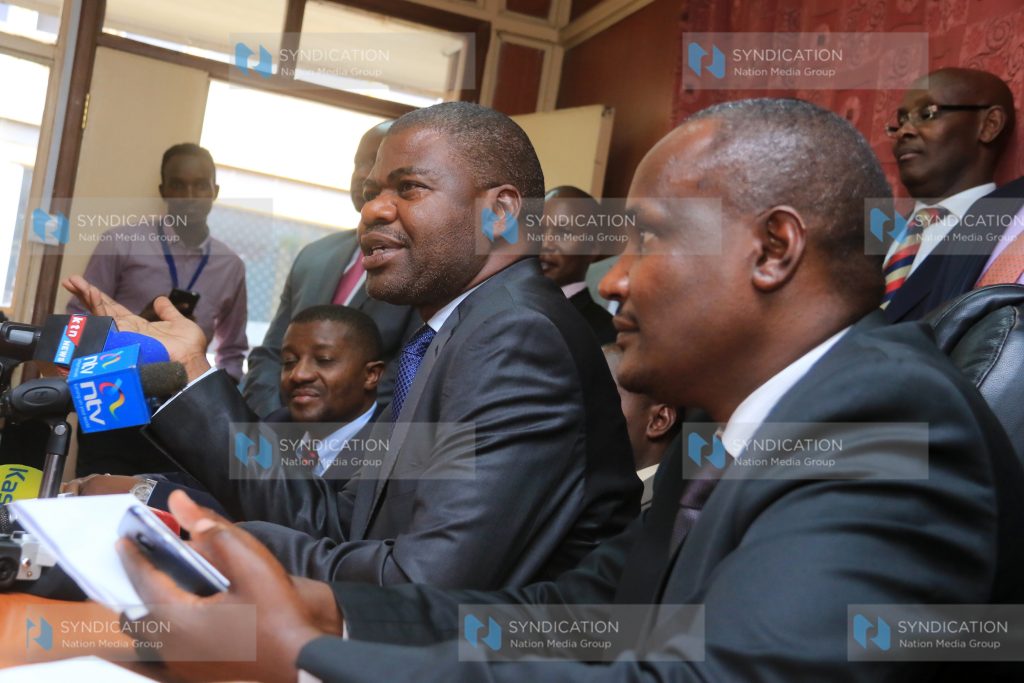 Ruaraka MP Tom Kajwang flanked by some Nasa leaders address the media at parliament buildings
