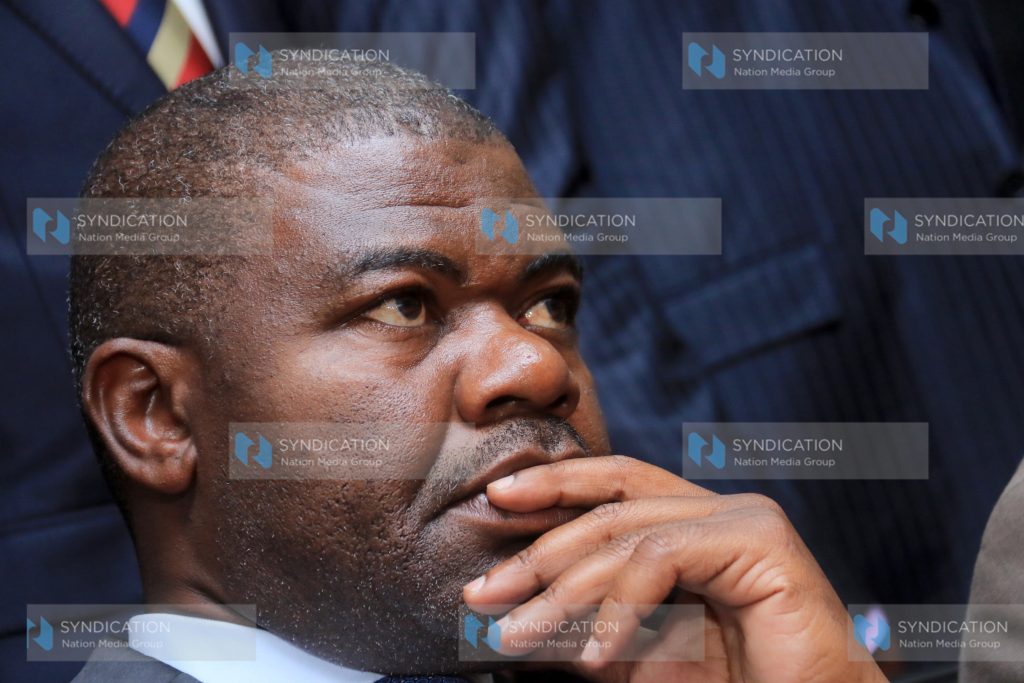 Ruaraka MP Tom Kajwang follows proceedings as Nasa leaders address the media