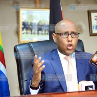 Cabinet Secretary Ministry of East African Community [EAC] and Northern Corridor Development Adan Mohammed address the media