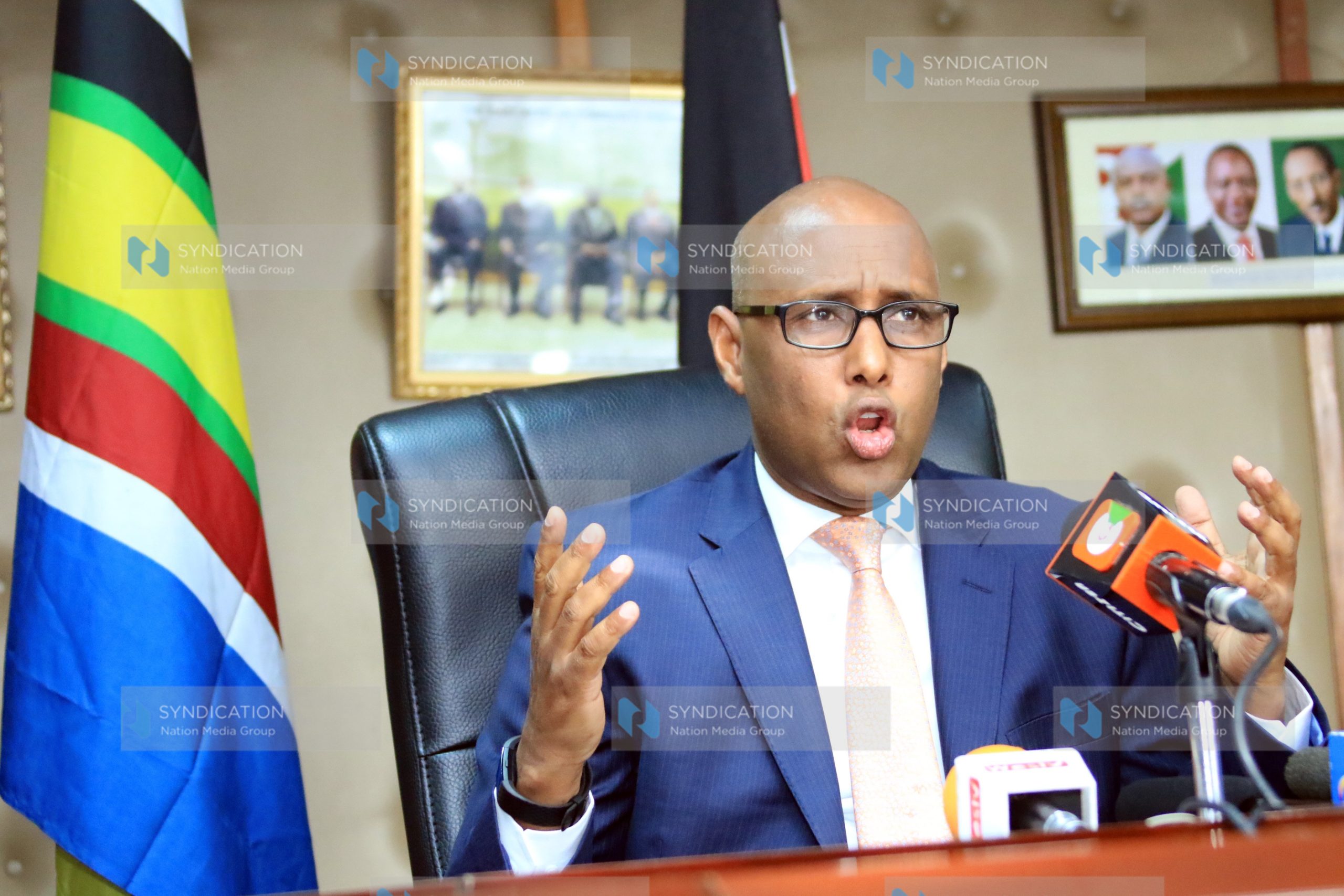 Cabinet Secretary Ministry of East African Community [EAC] and Northern Corridor Development Adan Mohammed address the media
