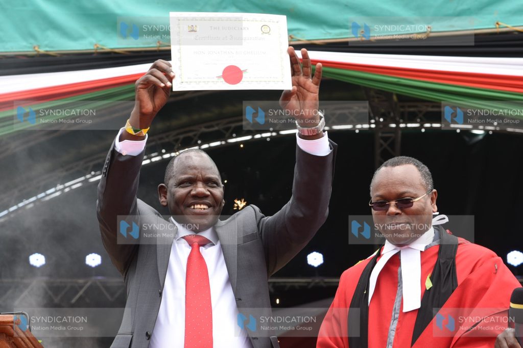 Uasin Gishu County Governor Jonathan Bii Chelilim (left), during his swearing-in ceremony