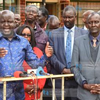 Addressing the press after a meeting at Reformed Church of East Africa