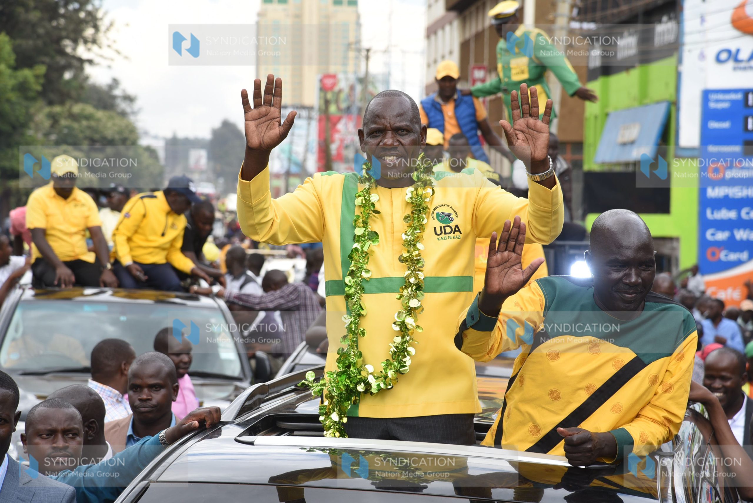 Jonathan Bii Chelilim (left), accompanied by his running mate John Barorot, during a rally in Eldoret town