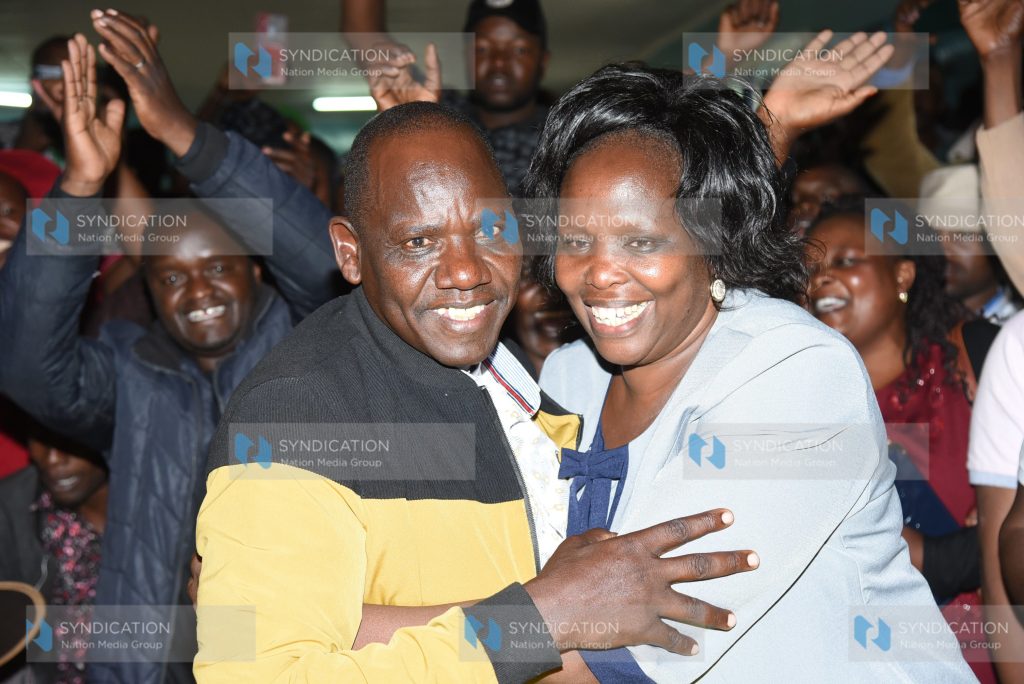 Jonathan Bii Chelilim is congratulated by his wife Selina Bii
