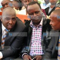 Senators Kipchumba Murkomen, Lenny Kivuti, and Kithure Kindiki chat during the burial of Patrick Munene Mbarire