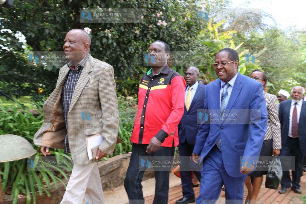 Former Cooperatives Minister Njeru Ndwiga (left), Senator Lenny Kivuti, Governor Martin Wambora, and their supporters