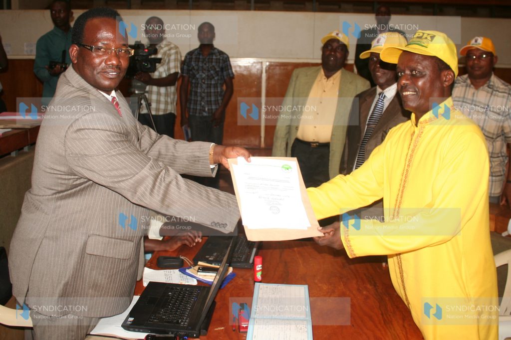 Embu County Senate aspirant Lenny Kivuti receives his nomination certificate