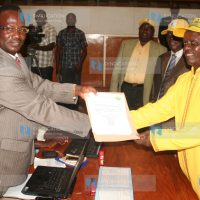 Embu County Senate aspirant Lenny Kivuti receives his nomination certificate