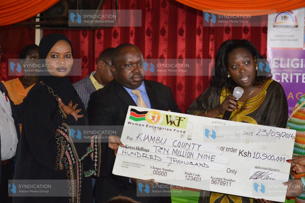 Women Enterprise Fund chairperson Ms. Mumina Bonaya with Kiambu County Women Representative Ann Nyokabi