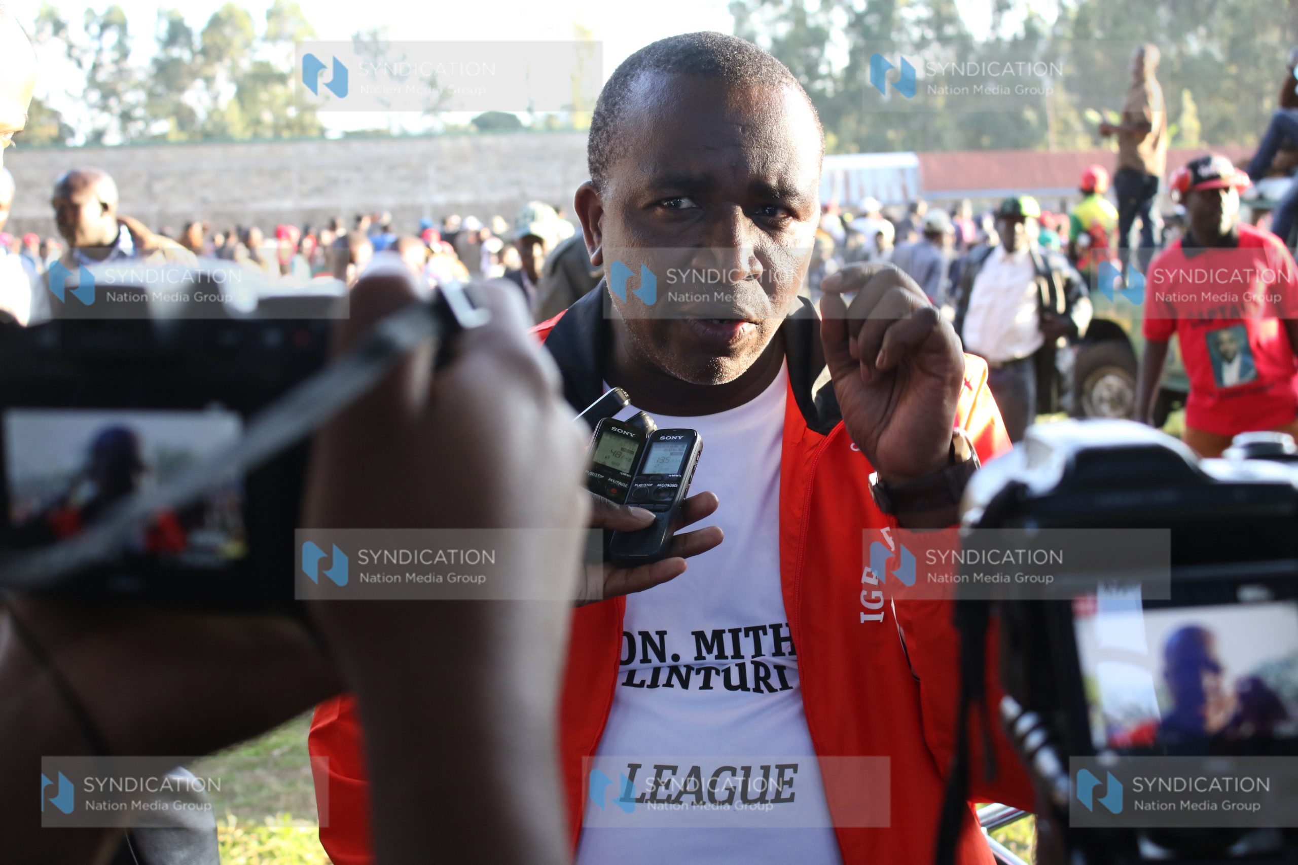 Igembe South MP Mithika Linturi addresses journalists during the launch of the Mithika Linturi Football League