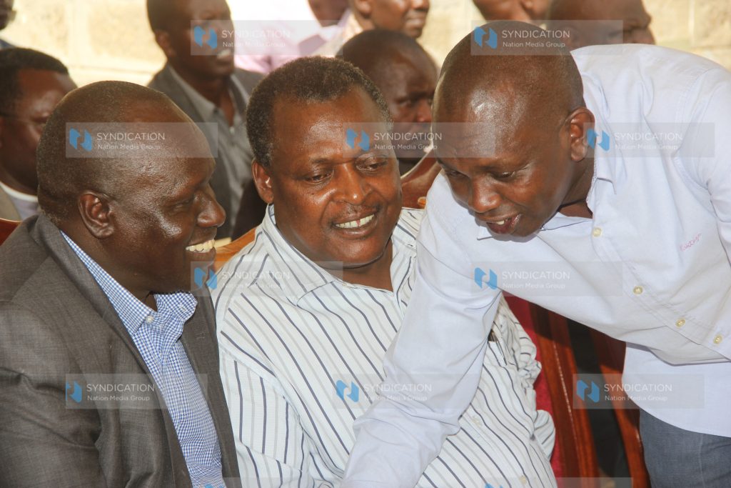 Businessman David Lagat from (left), former Lugari MP Cyrus Jirongo and Kapsaret MP Oscar Sudi during a fundraiser