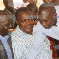 Businessman David Lagat from (left), former Lugari MP Cyrus Jirongo and Kapsaret MP Oscar Sudi during a fundraiser