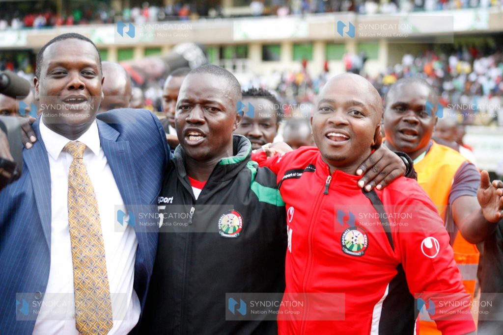 CS Sports Hassan Wario join FKF President Nick Mwendwa to congratulate David Ouma Starlets