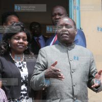 Former Embu Senator Lenny Kivuti addresses his supporters outside the Embu Lands Tribunal