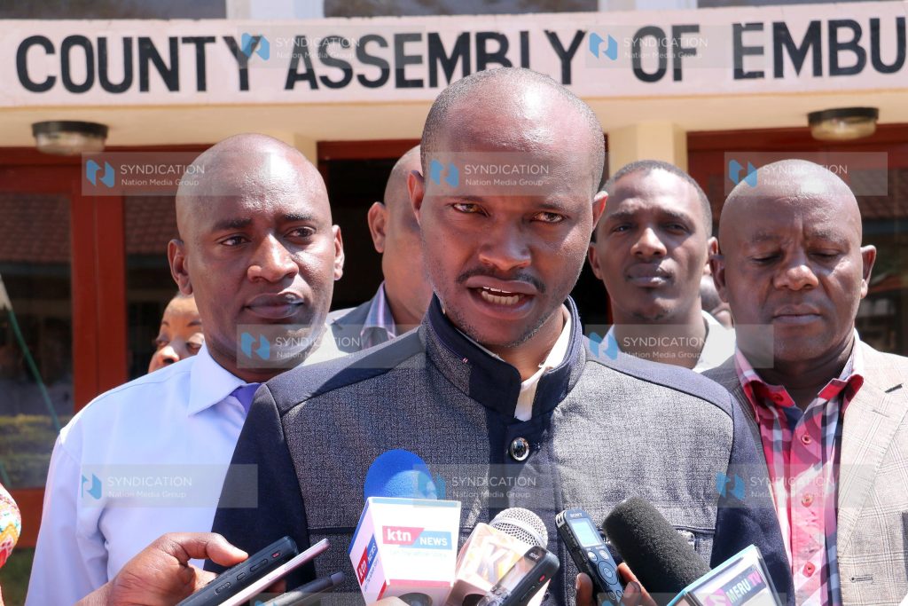 Makima MCA Philip Nzangi addresses the press outside the Embu County Assembly offices