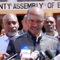 Makima MCA Philip Nzangi addresses the press outside the Embu County Assembly offices