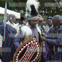 Embu Senator Lenny Kivuti (holding a spear) after he was installed as an Embu elder