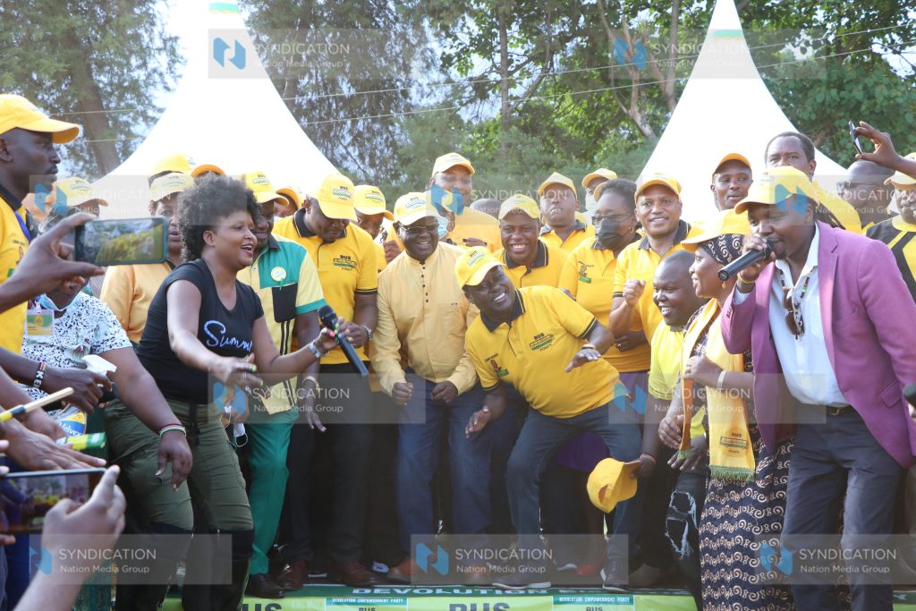 DEP leader and Meru Governor Kiraitu Murungi and National Chairman Lenny Kivuti with supporters