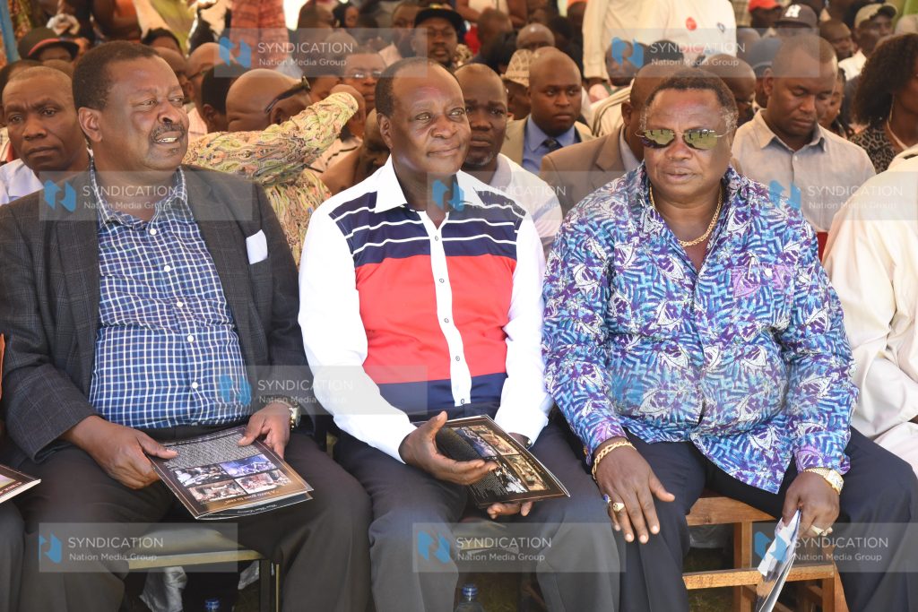 ANC party leader Musalia Mudavadi confers with governor of Vihiga Wilber Ottichilo and COTU secretary general Francis Atwoli