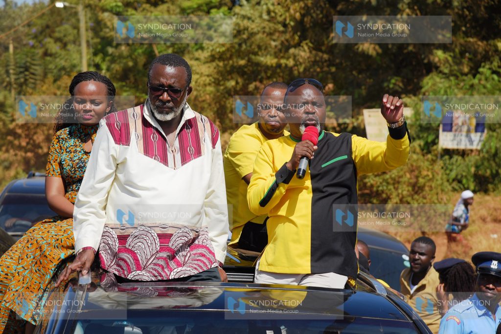 Meru Woman Rep aspirant Edith Mwirigi, Senator Mithika Linturi, South Imenti MP Kathuri Murungi, and Jasper Muthomi, aka Emcee Jessy