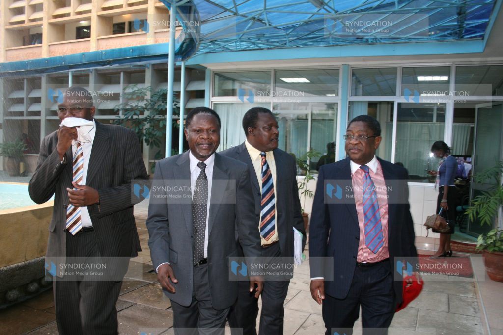 From right, Attorney General Amos Wako, Lugari MP Cyrus Jirongo, Nambale MP Chris Okemo, and Mukurweini MP Kabando wa Kabando leave the Old Chambers