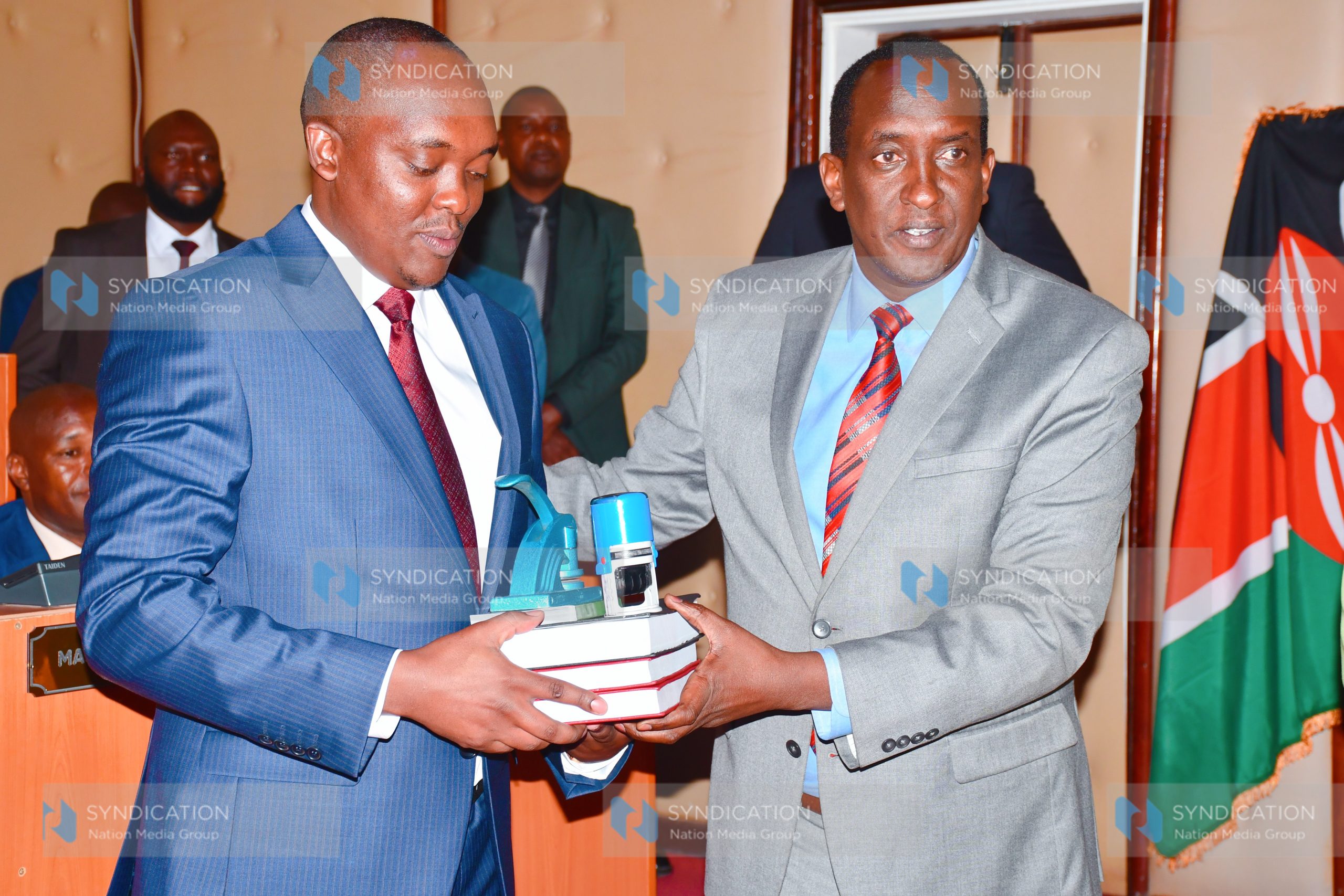 Newly sworn in Narok County Secretary Mr. Maiyani Tuya with Governor Mr. Patrick Ntutu